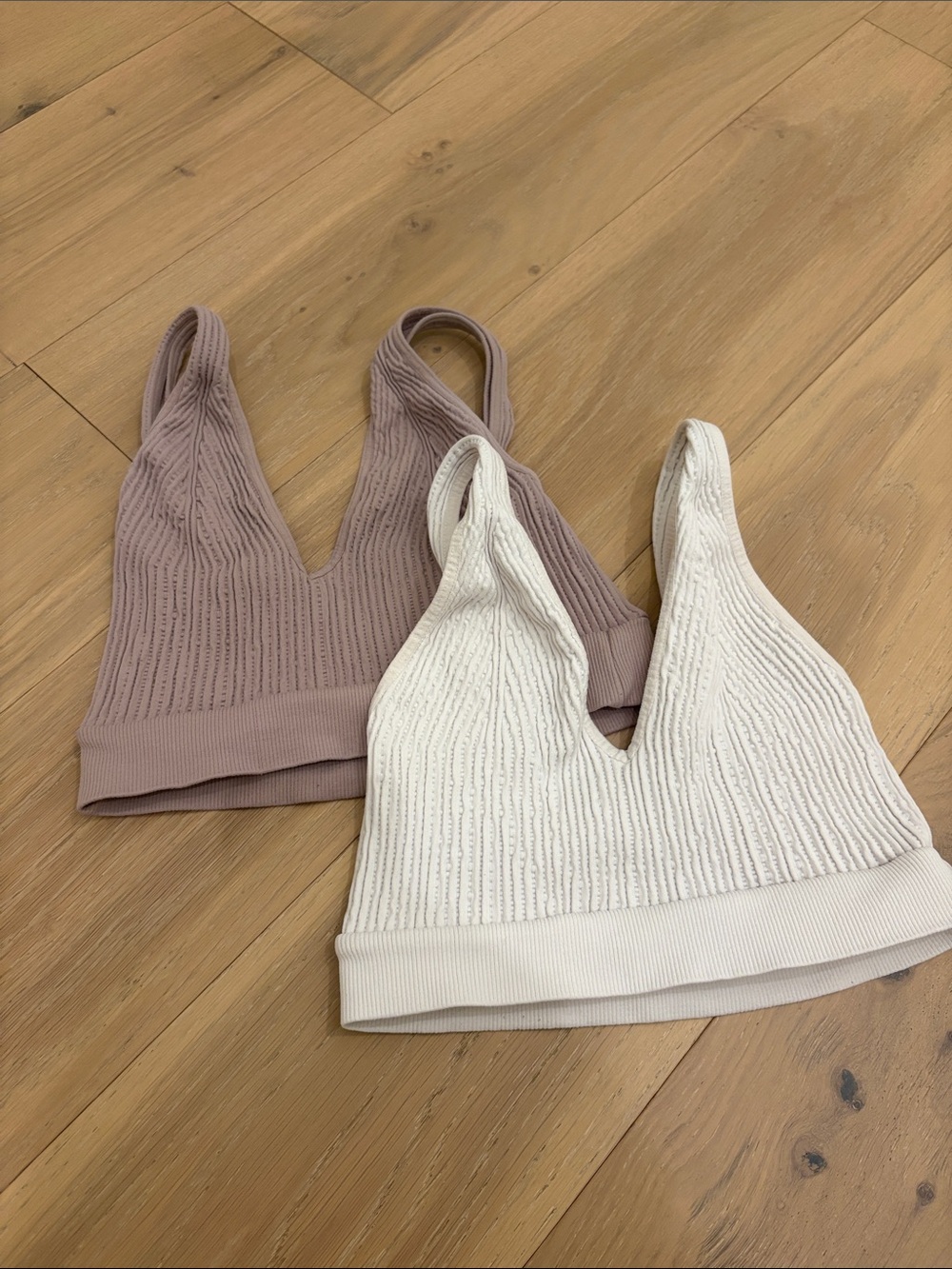 Free People Movement Knit V-Neck Bralette Set in Mauve and White